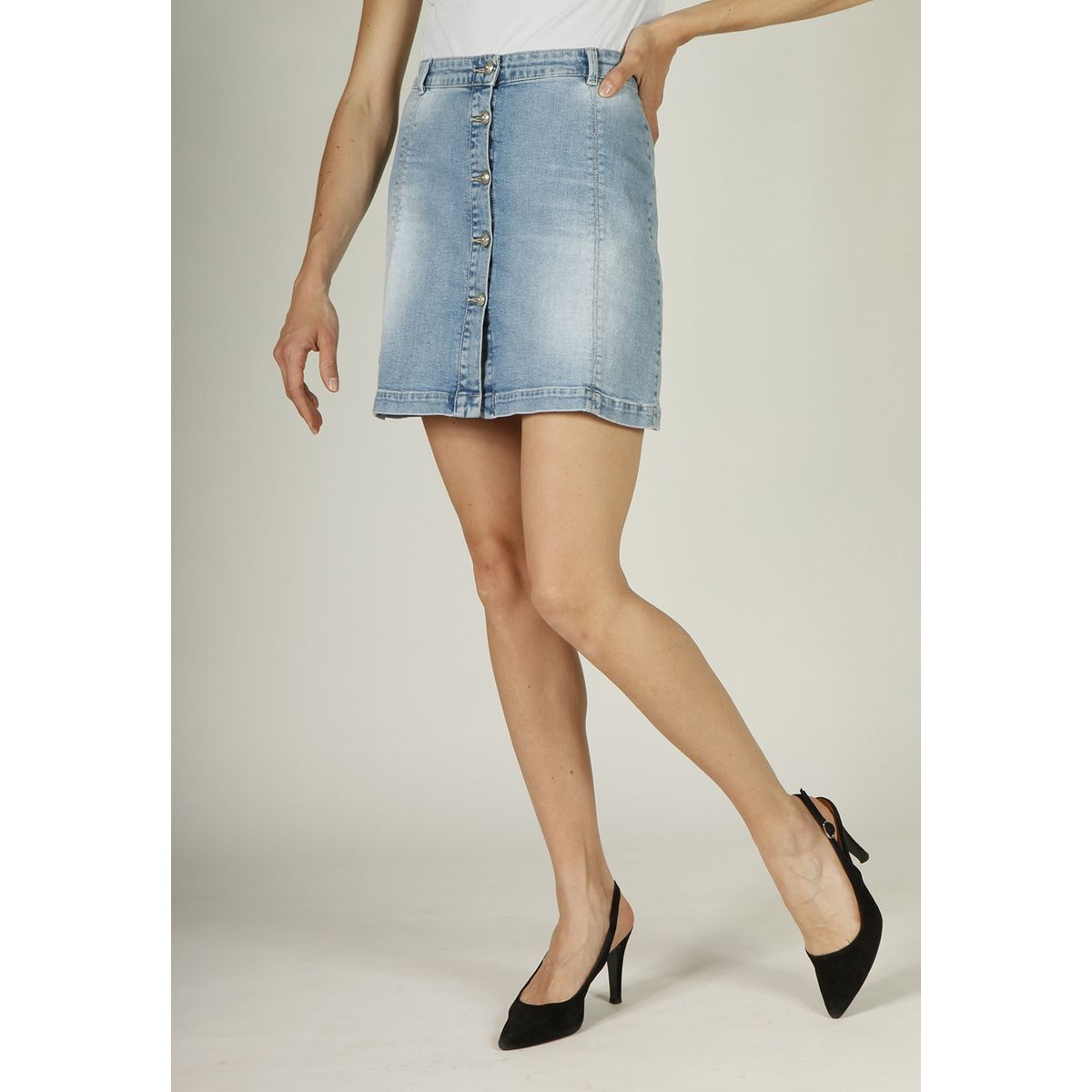 Femme Jupe Stretch Denim Boutonné Devant Jupe Longueur Genou Femme Jupe Stretch Denim Boutonné Devant Jupe Longueur Genou